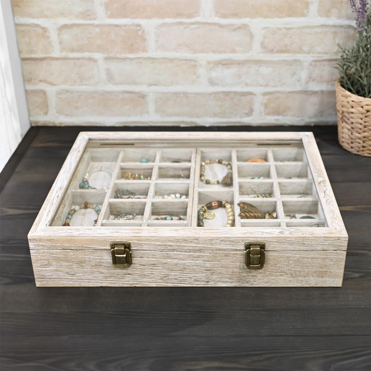2 Pcs Wood Tempered Glass Top Jewelry Display Case Accessories Storage Box with Metal Clasp, Wooden Jewelry Tray for Collectibles, Pocket Knife Display Case, Brown Color