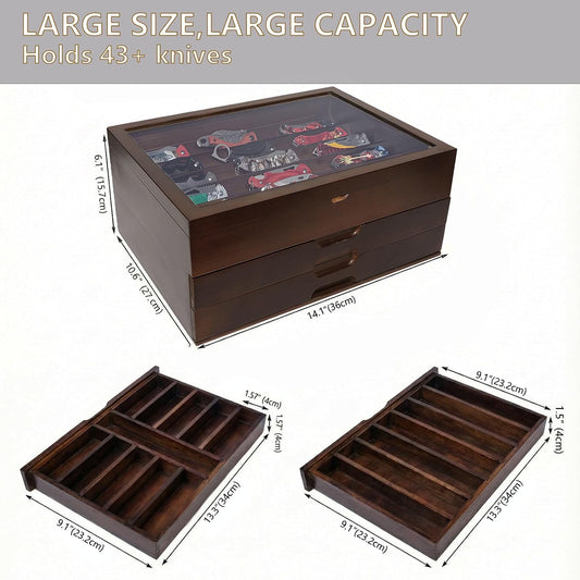 Knife Display Case,Walnut,AHK-072 | Holds 43+ Knives, Large 3-Tier Wooden Organizer, Glass Top, Drawer
