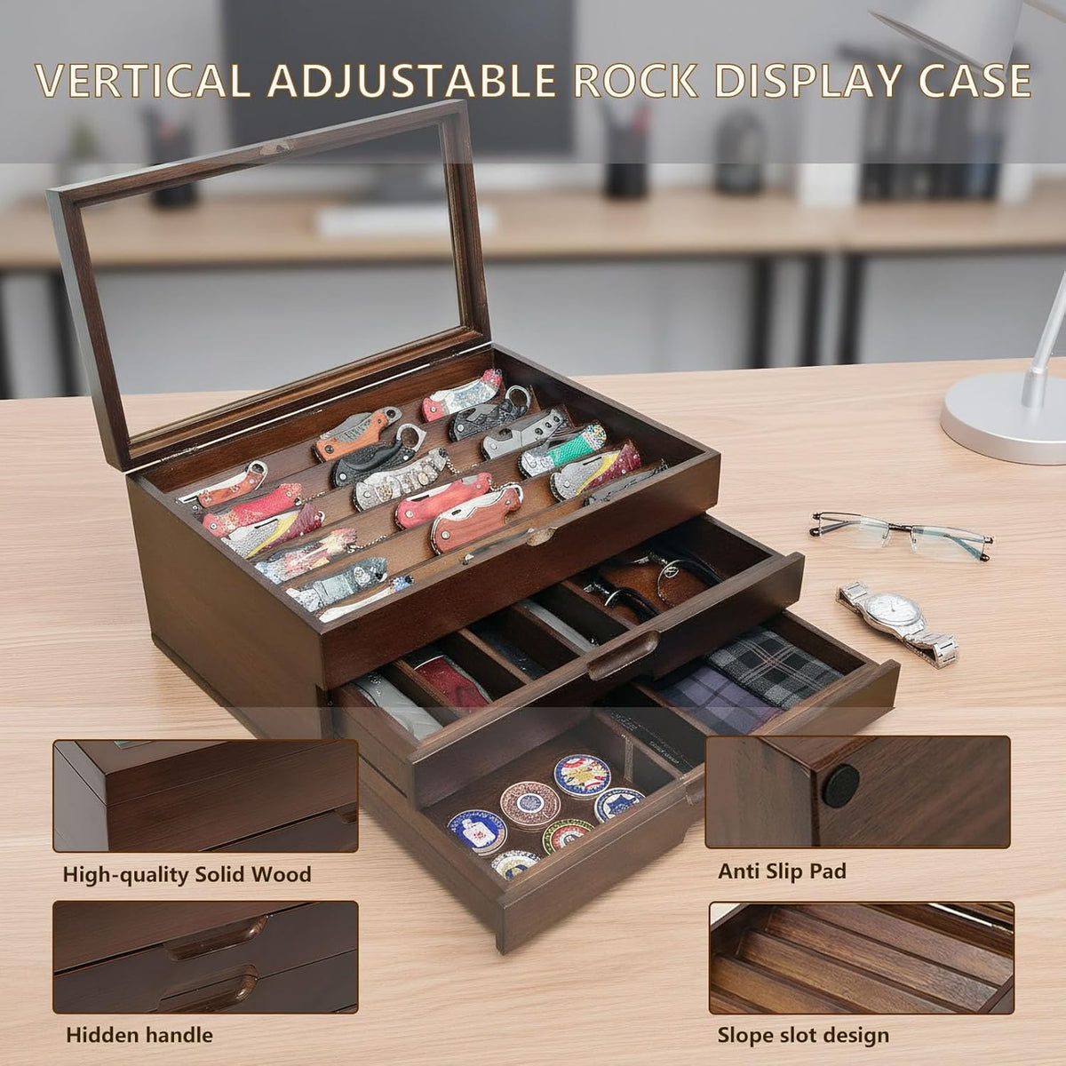 Knife Display Case,Walnut,AHK-072 | Holds 43+ Knives, Large 3-Tier Wooden Organizer, Glass Top, Drawer