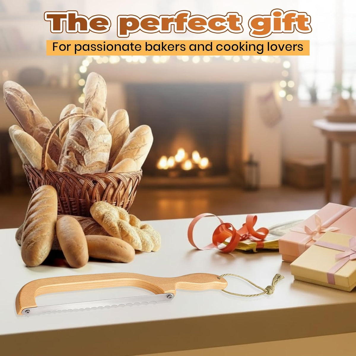 Sourdough Bread Knife Bow – Serrated Bread Slicer Knife for Homemade & Artisan Bread, Stainless Steel Blade, Wooden Handle Bread Cutter for Even Slicing Loaves