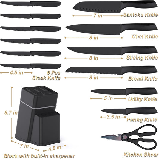 Kitchen Knife Set with Block - 15 Pieces Knife Sets with Built-in Sharpener, Dishwasher Safe, Stainless Steel Blades Kitchen Knives