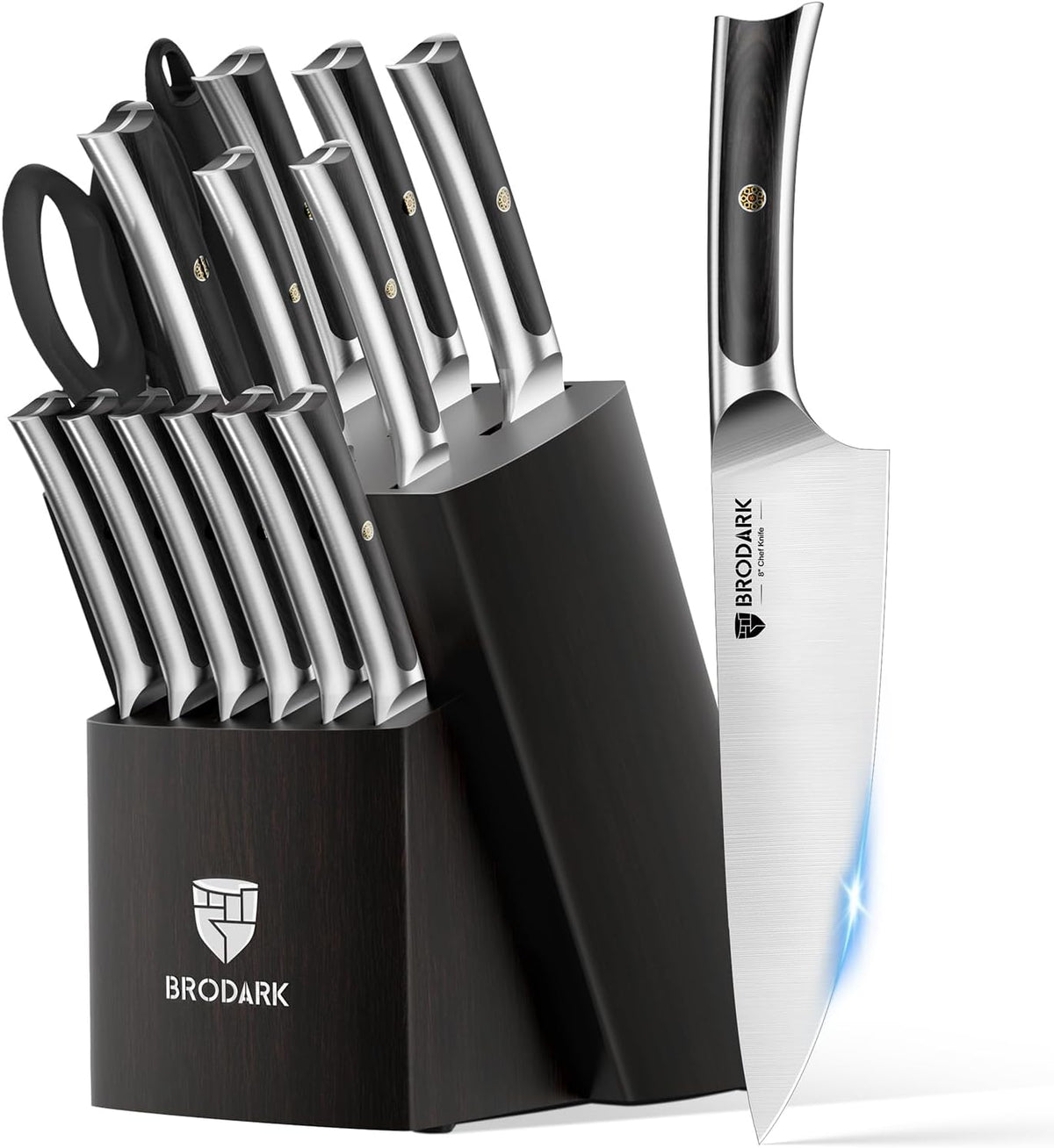 15 PCS Knife Set with Block,Pakkawood Handle Kitchen Knife Set | Ultra Sharp Chef Knife set with sharpener, High Carbon Stainless Steel, Non-Slip Grip for Cooking, Gift Box for Dad Father