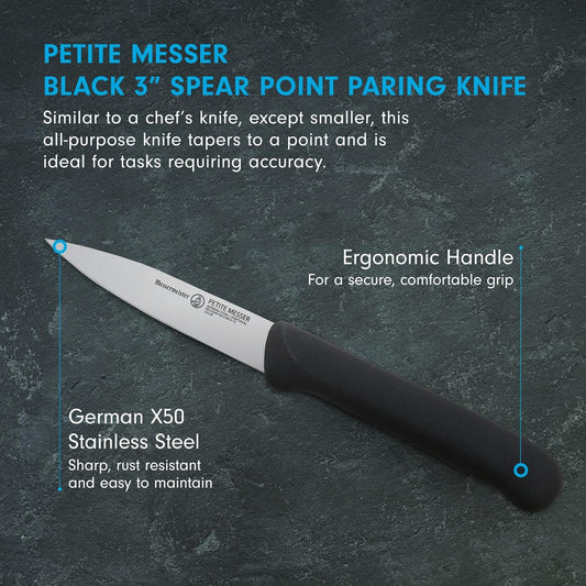 Petite Messer 3” Spear Point Parer with Matching Sheath, Black - German 1.4116 Stainless Steel & Ergonomic Handle - Lightweight, Rust Resistant & Easy to Maintain