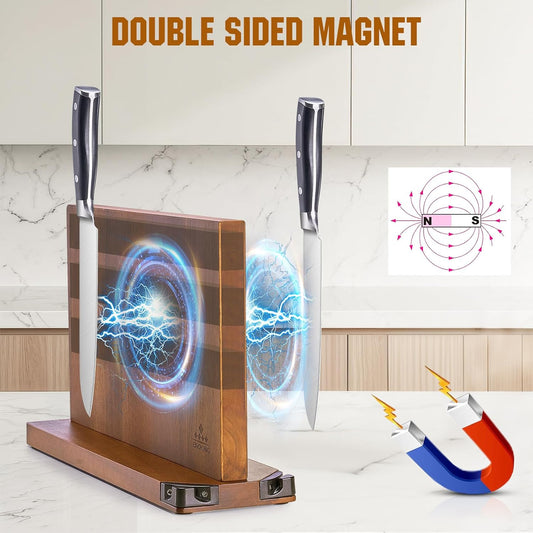 15.2" Extra Large Magnetic Knife Block with Dual Sharpeners, Acacia Wood Knife Holder & Display Stand with Strong Magnets