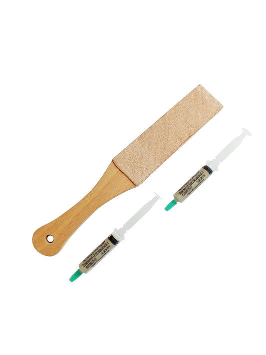 Kit of 11” Long Leather Paddle Strop for Knife Sharpening and Two Diamond Polishing Compounds with Light Concentration for Sharpening Knives, Double Sided Leather Strop USA Made