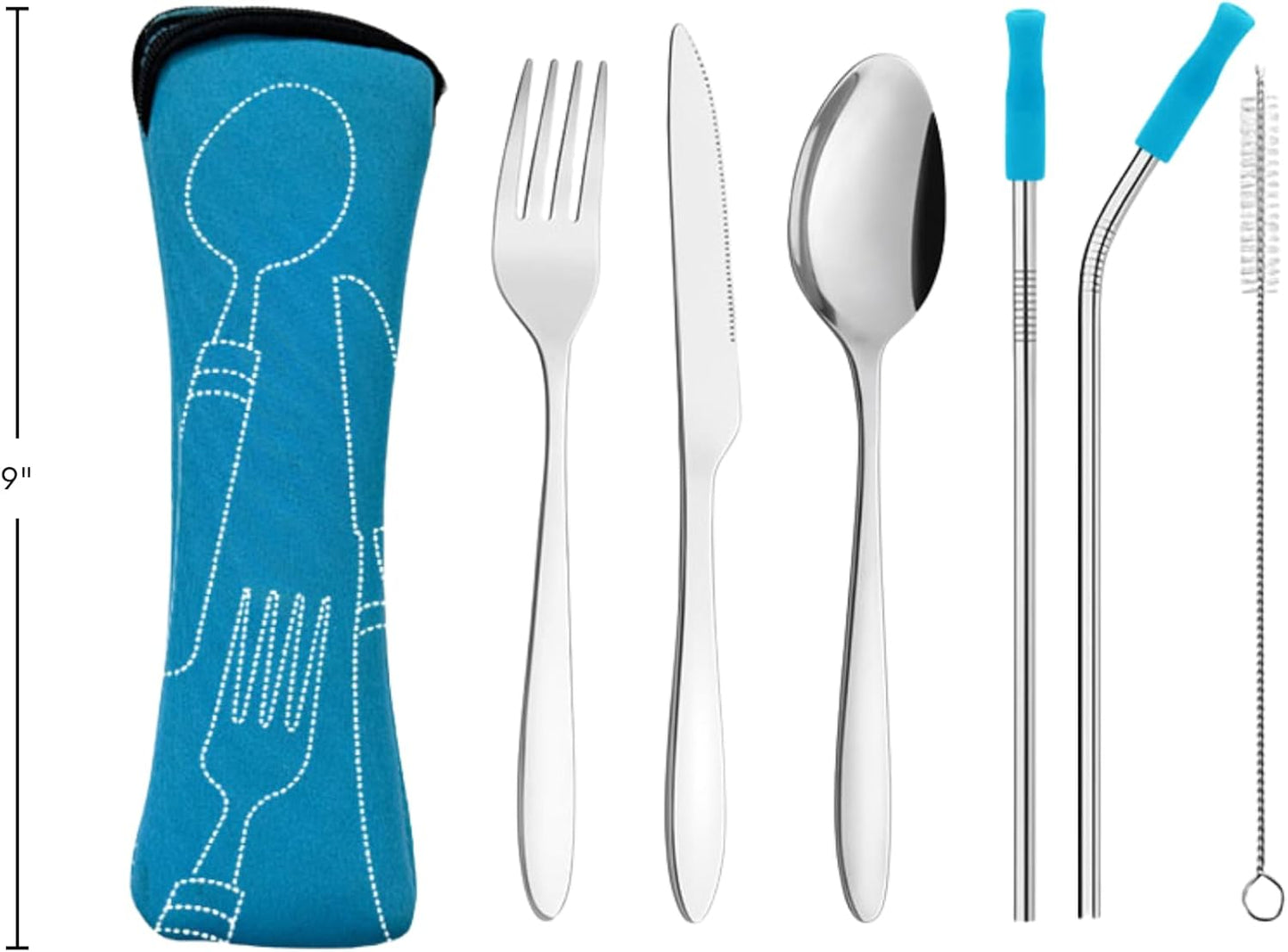 Ecoberi Reusable Travel Utensils Set with Case, 4 Sets | Stainless Steel, Fork, Spoon, Knife, Straws & Cleaner, For Lunch, Work, Camping & Picnics