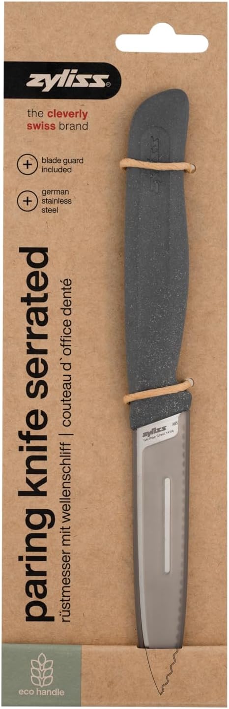 Serrated Paring Knife – German Stainless Steel Blade with Sustainable Wheat Straw NonSlip Handle – Blade Guard Included – Dishwasher Safe – 3.9 inches - Gray