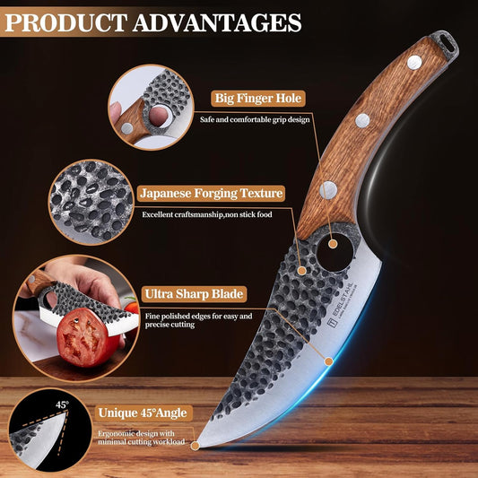 Chef Knife,Kitchen Knife for Boning,Cutting and Chopping,Hand Forged Butcher Knife,Stainless Steel Japanese Knife for Outdoor Cooking,Camping,BBQ,Ergonomic Handle,Brown