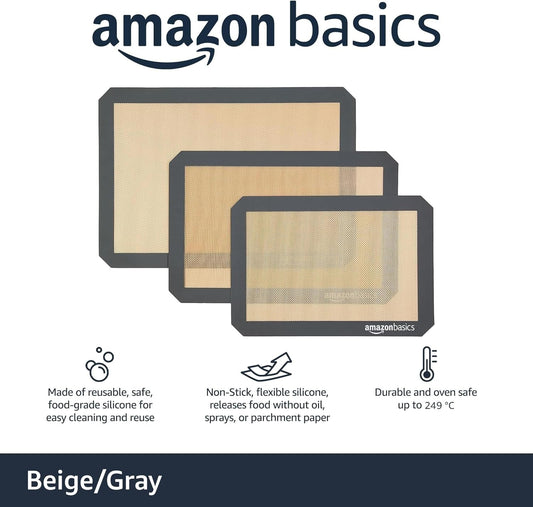 Rectangular Non-Stick Silicone Baking Mat, Food Safe, Heat Resistant, 9"x13", 9.9"x14.8", and 16.5"x11.6", Beige/Gray, Pack of 3
