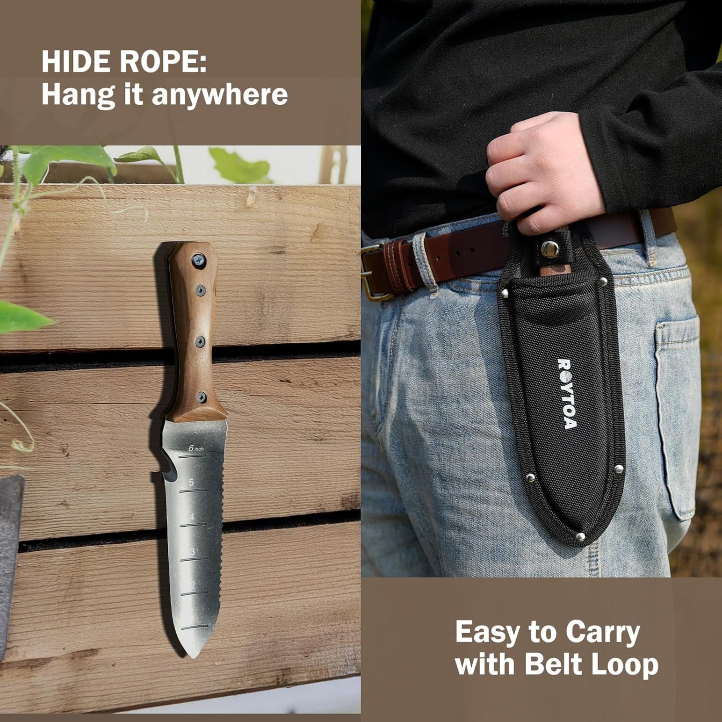 Hori Hori Garden Knife, Garden Tools with Sheath for Weeding,Planting,Digging, 7" Stainless Steel Blade with Cutting Edge, Full-Tang Wood Handle with Hanging Hole