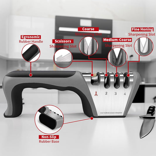 4-in-1 Knife Sharpener with 4-Stage Sharpening, Manual Kitchen Sharpener for Ceramic & Steel Knives and Scissors, Black