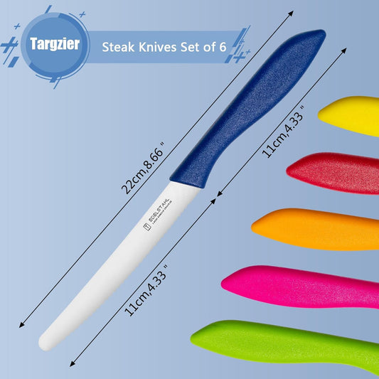 Steak Knives Set of 6, Sharp Serrated Steak Knives,Premium Stainless Steel Steak Knife Set,Colorful Tomato Knife,Steak Knifes for Kitchen/Hotel/Restaurant,Multi-Color