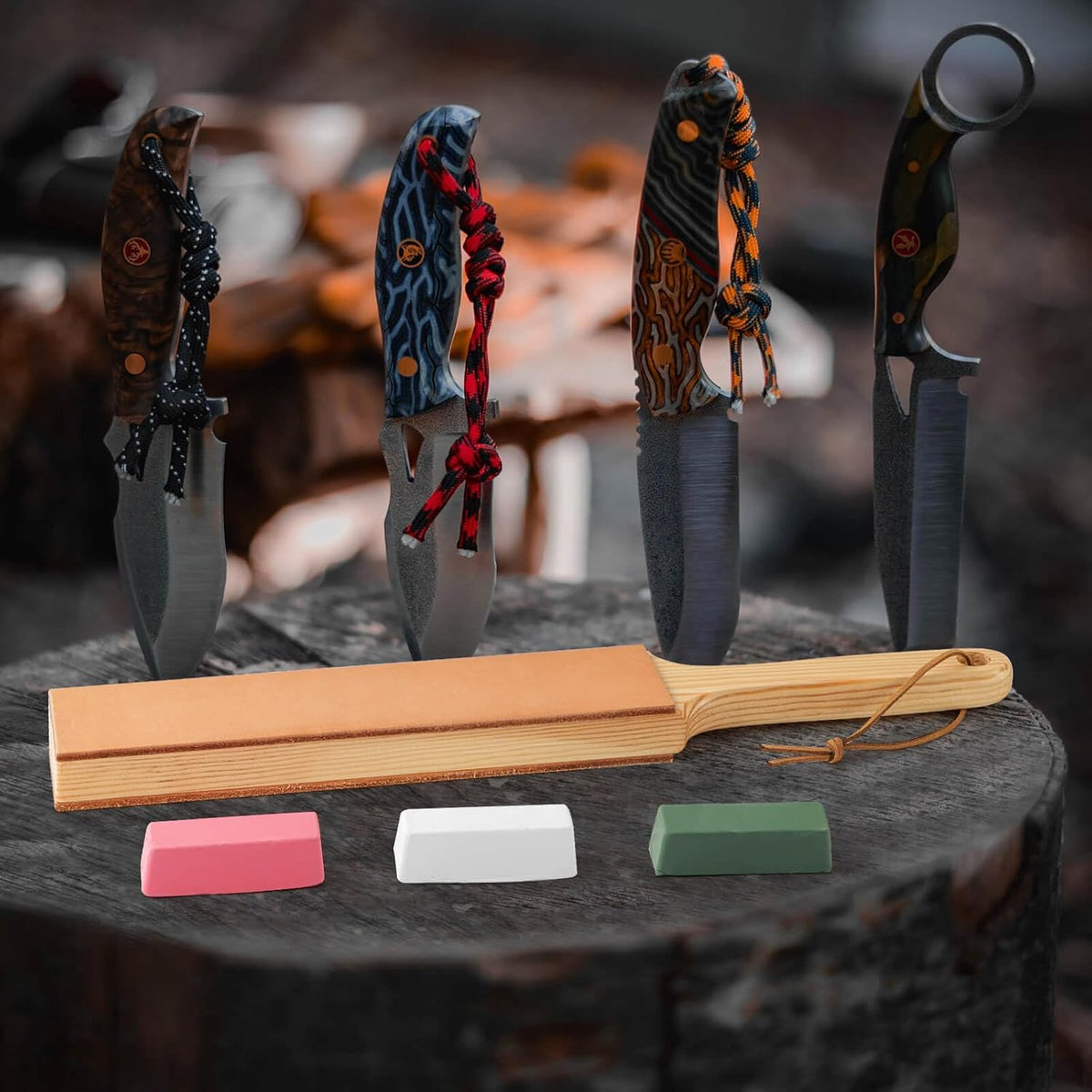 Double Side Leather Strop for Knife Sharpening - 14"x 2" Stropping Block Kit with Polishing Compound, Knife Strop with Ergonomic Handle for Honing Knives, Woodworking Chisels