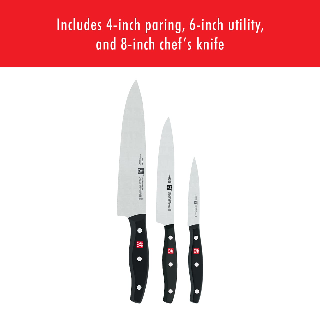 Twin Signature 3-Pc Knife Set Made in Germany | Ultra Sharp Blades Made with Special Formula Friodur Ice Hardened Steel for Durability. Dishwasher Safe and Comfortable Grip.