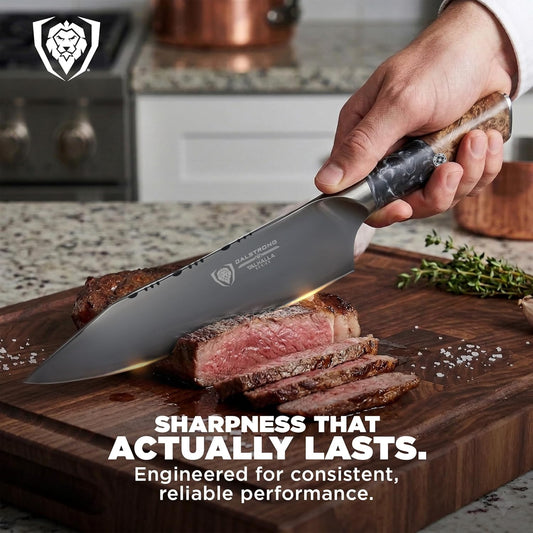 Chef Knife - 8 inch - Valhalla Series - Ravenstone Black Blade Titanium Coated - Premium 9CR18MOV HC Steel - Resin & Wood Handle - Razor Sharp - Kitchen Cooking Chef's Knife - Leather Sheath