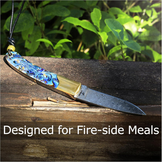 Camp Pearl Folding Knife – Damascus Steel Blade, Abalone Shell Handle, for Campfire Cooking & BBQ, Slip Joint Design
