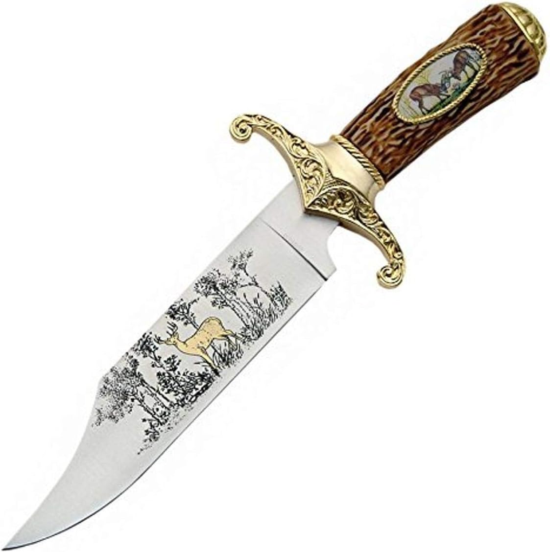 SZCO Twin Deer Camping Knife 11.5 Inch - Hunter Knife with Brown Handle, Stainless Steel Blade, Brass guard and pommel - Bowie Knife for Hiking, Camping & Outdoor Uses