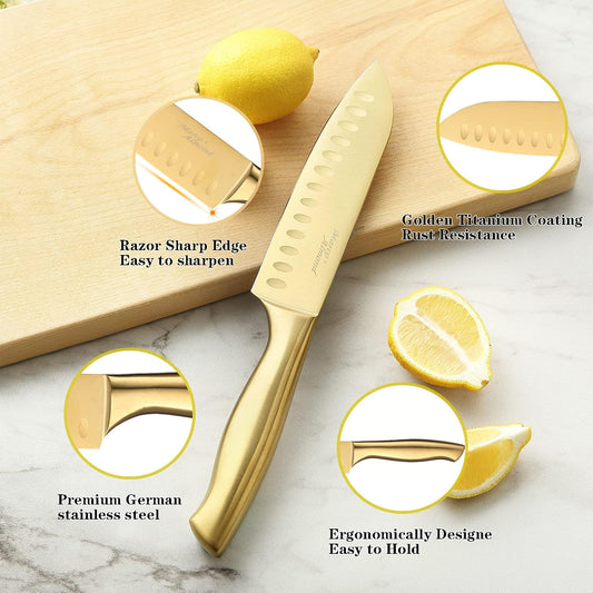 ® Gold Knife Set, Knife Block Set MA21,Titanium Coated 14 Pieces Stainless Steel Chef Gold Kitchen Knife Sets with White Block