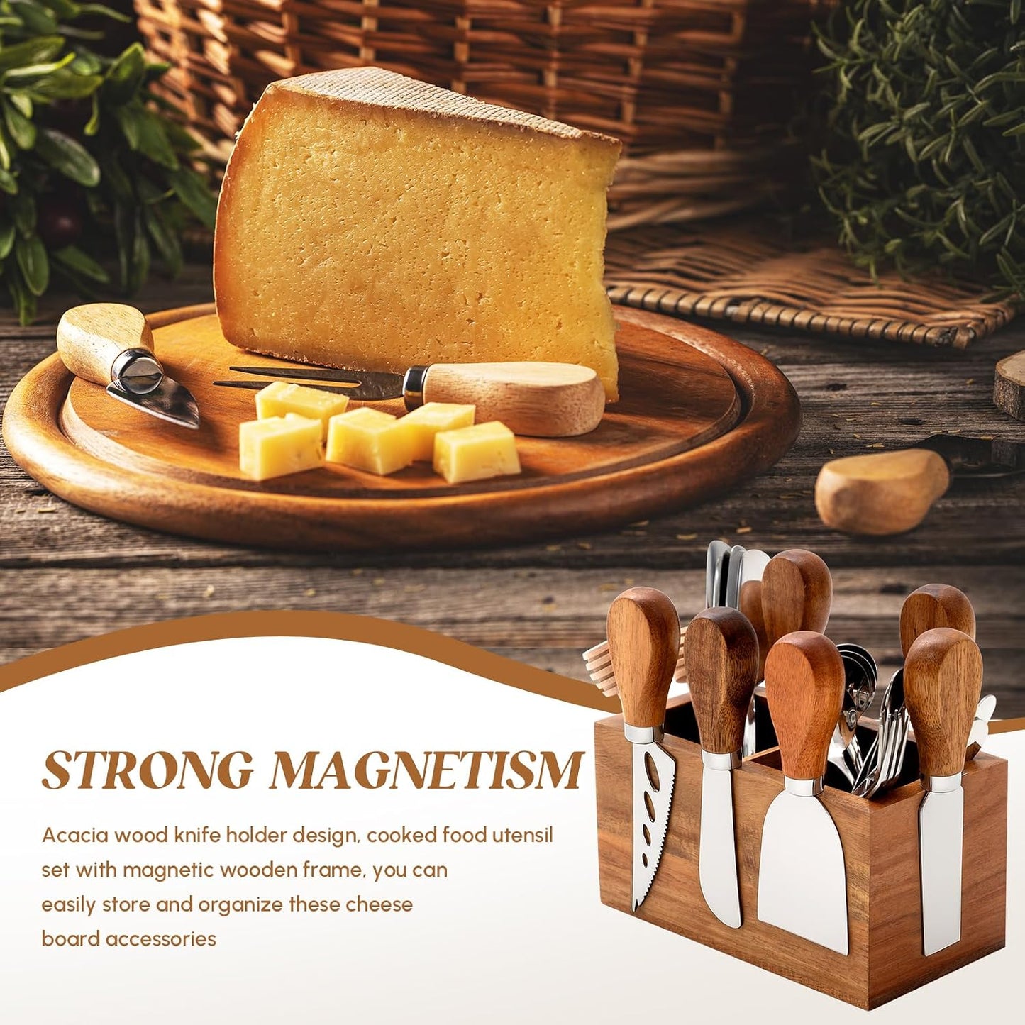 46 Pcs Charcuterie Boards Accessories with Magnetic Acacia Wood Holder Wooden Cheese Knife Set for Wood Handle Knives for Cheese Knife Slicer with Tongs, Spoons, Forks, Honey Dipper (Style 3)