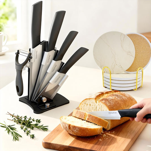Ceramic knife Set with Block and marble coasters set of 6, knives set for kitchen, knife set with block/covers, Ceramic Coasters, cuisine knife set, drink coaster absorbent-Ideal for Kitchen, Gifts