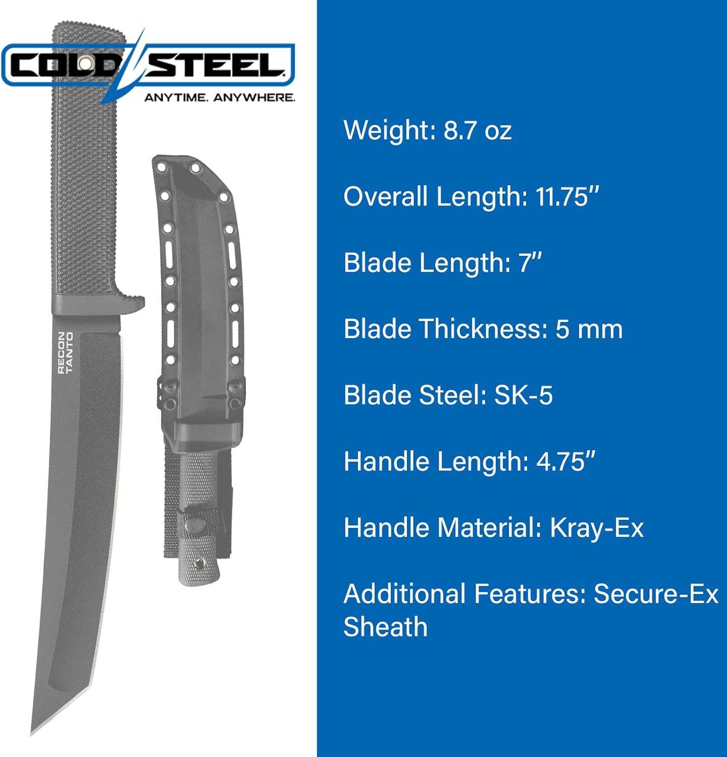 COLD STEEL Recon Tanto 7" SK-5 Razor-Sharp Blade 4.75" Kray-Ex Handle Military Tactical Fixed Blade Knife w/Secure-Ex Sheath