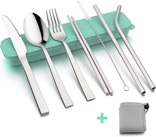 Portable Travel Utensils with Case, Stainless Steel Silverware Set for Camping Office School Lunch, Including Knife Fork Spoon Chopsticks, Reusable and Dishwasher Safe(Green)