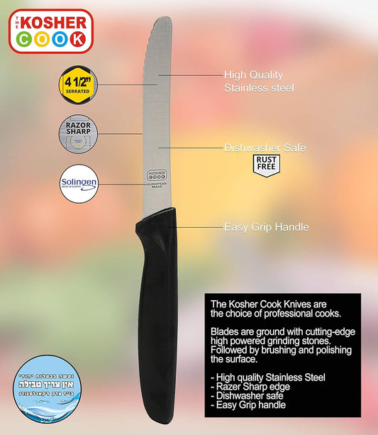 Black Kitchen Knife - 4.5" Steak and Vegetable Knife - Razor Sharp Curved Tip, Serrated Edge - Color Coded Kitchen Tools