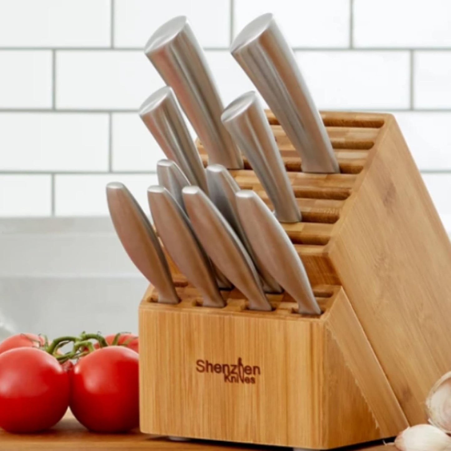 20 Slot Bamboo Countertop Knife Block – Large, 8x5.25x11 | Solid Wood Core, Bamboo Veneer, 20 Knife Slots, Large 8x5.25x11 Inch, Universal Fit, Countertop Storage