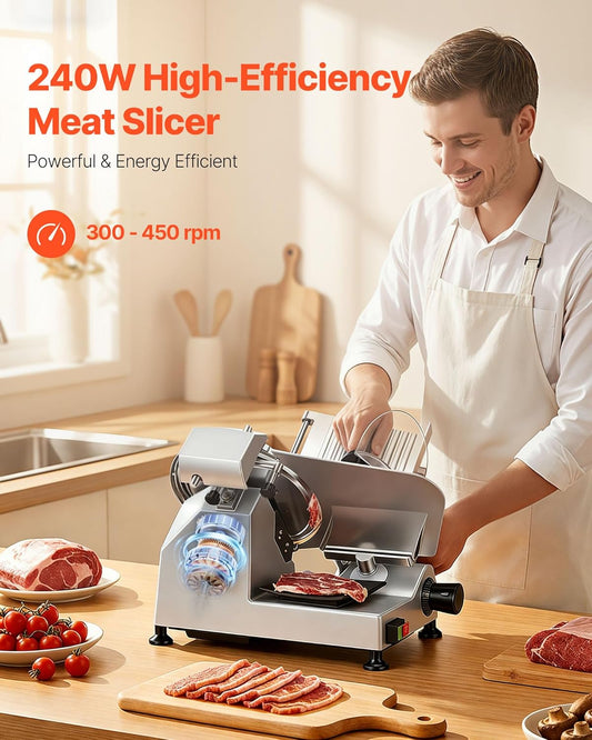 Commercial Meat Slicer, 10 inch Electric Food Slicer, 240W Frozen Meat Deli Slicer, Premium Chromium-plated Steel Blade Semi-Auto Meat Slicer For Commercial and Home use