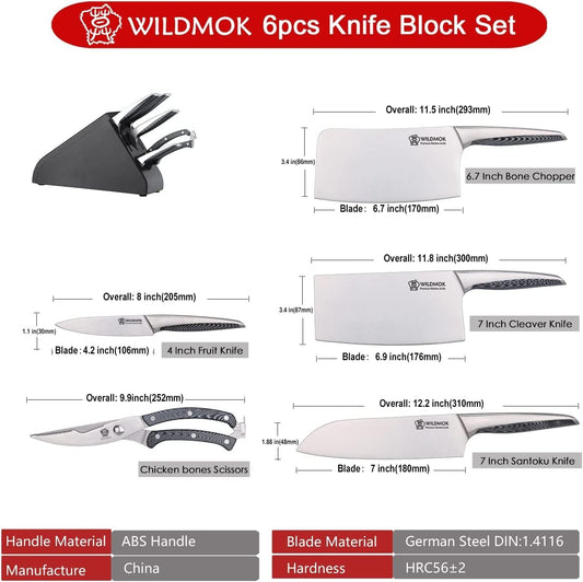 6pcs Knife Block Set Stainless Steel Asian Kitchen Knives Set with Stainless Steel & ABS Handle, Perfect Cutlery Set Gift