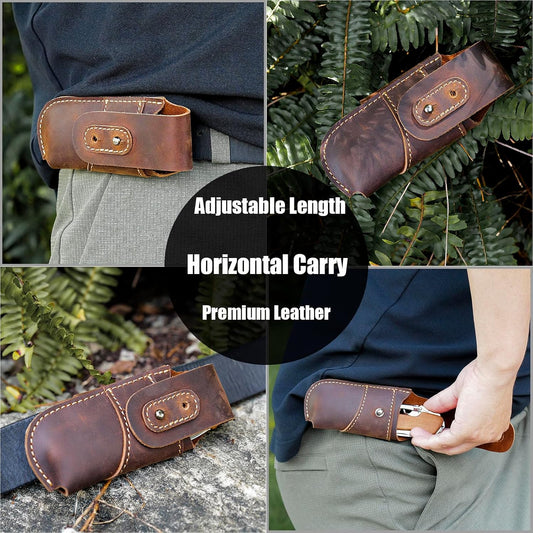 Leather Pocket Knife Sheath - Belt Loop EDC Belt Organizer - Horizontal Carry Knife Holder- Multitool Sheath with Two Snap Closure for Folding Knife, Darkbrown
