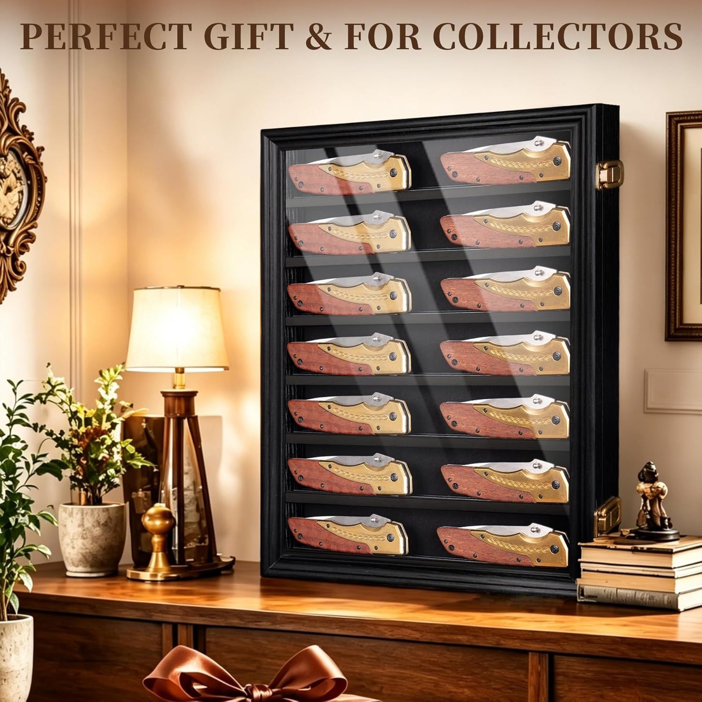7 Row Knife Display Case for Wall Wooden Folding Knife Storage Stand with HD Tempered Glass & Removable Shelves Military Knife Organizer for Collections - Black