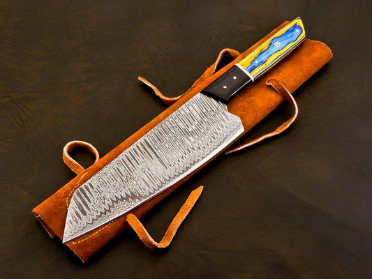 Damascus Steel Bunka Chef Knife, 13 Inch, Blue & Yellow Pakkawood Handle, Forged, with Leather Sheath