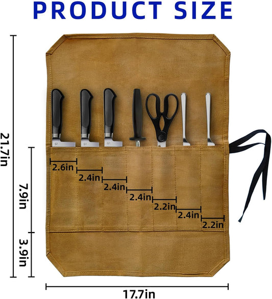 Knife Roll Bag, Waxed Canvas Chef's Knife Roll Bag with 7 Slots, Portable Knives Pouch Knife Storage Case Knife Carrier for Home Camping Picnic Chefs Cooking Lovers, Khaki(Bag Only)