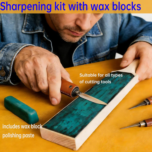 4 Pack Dual-Sided Leather Strop for Knife Sharpening Kit, Wooden Leather Strop Bulk,Knife Strop with Stropping Compound Kit, Honing Strop Block for Woodcarving Tools, Chisel Knife Leather Sharpener