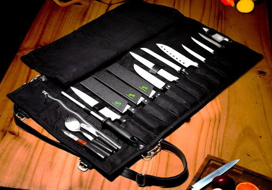 Waxed Canvas and Genuine Leather Trim Chef Knife Roll Bag Holds 12 Knives and Cooking Tools – Durable, Large Knife Case – Elegant Chef Bag for Professional Cooks and Students
