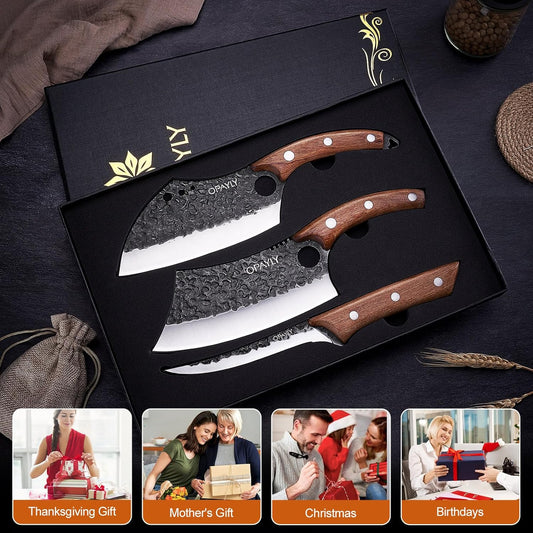 3PCS Hand Forged Butcher Knife Set Meat Cleavers, Serbian Chef Knife Viking Boning Knife High Carbon Steel Kitchen Knife for Meat Cutting, Outdoor BBQ Vegetable Camping, Gift for Men