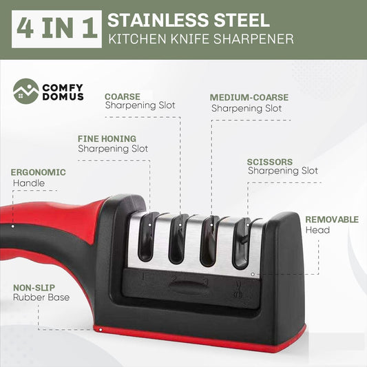 4-in-1 Knife & Scissor Sharpener – 3-Stage Manual System for Kitchen Knives, Chef & Serrated Blades – Non-Slip Base & Ergonomic Handle – Safe & Easy to Use