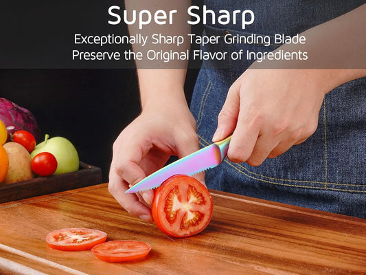 Utility Knife, 4 Inch Serrated Paring Knife with Super Sharp Rainbow High Carbon Stainless Steel Blade for Fruit Vegetable Cutting Peeling Slicing