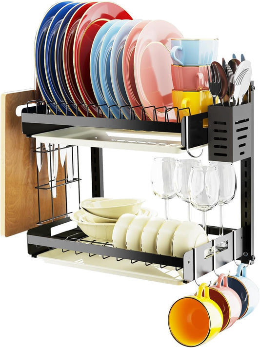 Hanging Wall Mounted Dish Drying Rack, Cutting Board Rack*1, Hook*4, Drain Tray*2, Apartment & RV Wall Mounted Dish Rack, Small Kitchen & Clean Countertop Solution, 2 Layers & 16“ long, Black