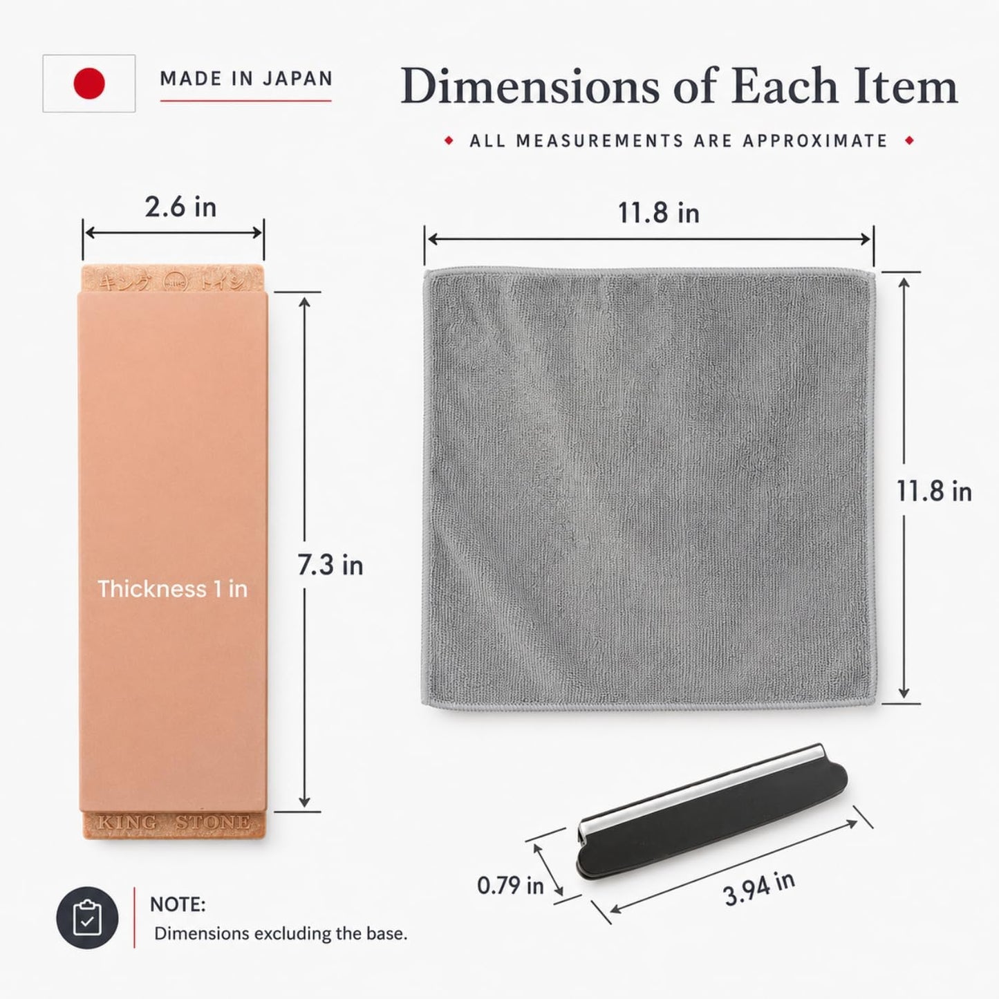 King Whetstone Set, 1000/6000 Grit, Made in Japan, 4 Pieces | Knife angle holder, wiping cloth, stable plastic base, for kitchen knife sharpening, beginner-friendly, scissors, chisels