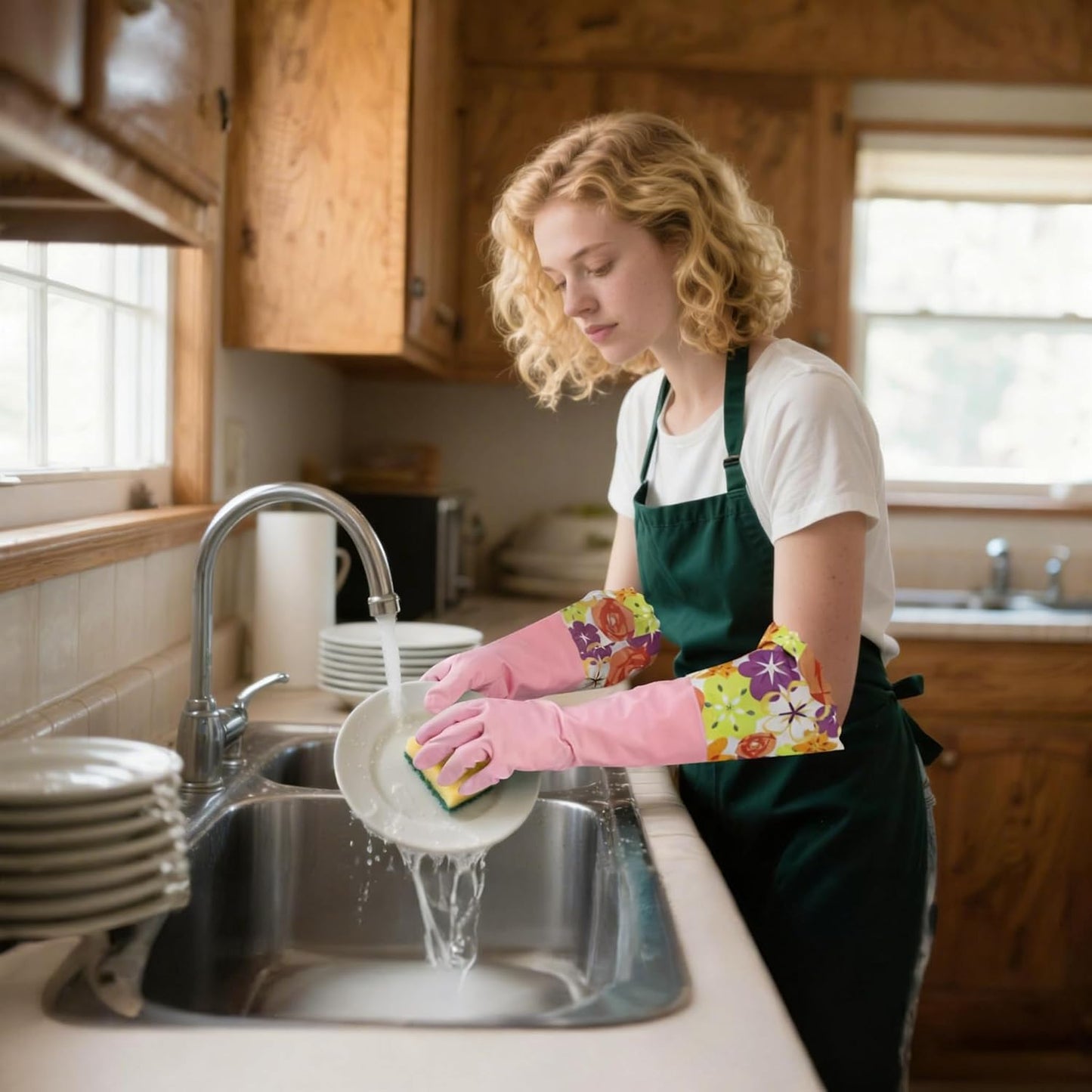 3 Pairs Rubber Cleaning Gloves, Household Kitchen Dishwashing Gloves with Cotton Flocked Liner, Long Cuff 16 Inches, Reusable, Non-Slip (Medium, Blue+Pink+White)