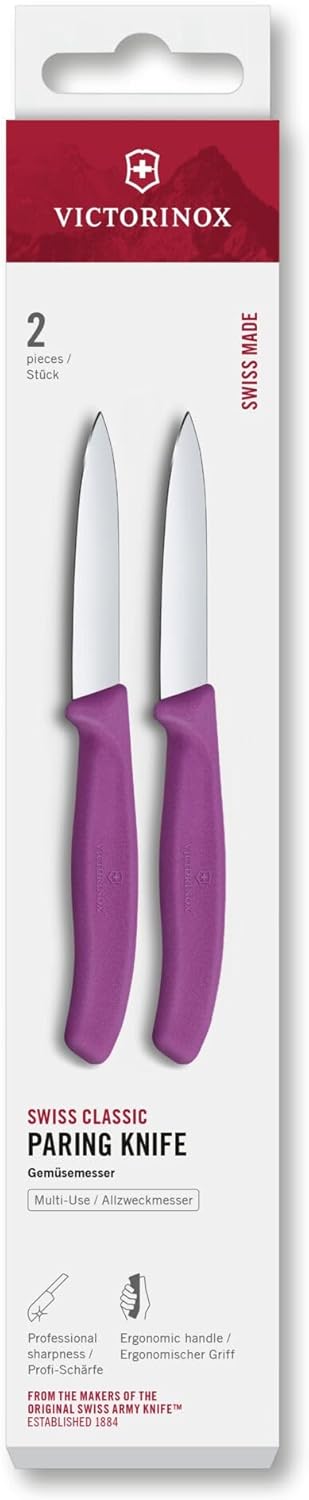 Swiss Classic 2-Piece Paring Knife Set, 3.25 In, Purple | Swiss made straight blade vegetable knives with ergonomic handles, dishwasher safe spear point for precise kitchen cutting