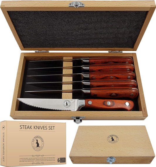 Steak Knife Set in Gift Box 6 Full Tang High Carbon Stainless Steel Micro Serrated Knives Classic Dark Brown Ergonomic Pakkawood Handles Luxury Beech Wood Case Premium Deluxe Birthday Gift Idea