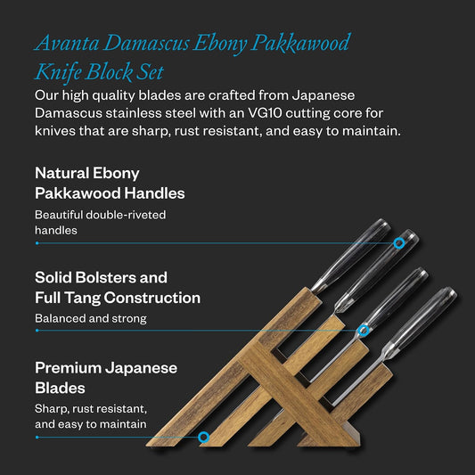 Avanta Damascus 10-Piece Ebony Pakkawood Knife Block Set - Japanese Damascus Stainless Steel - 4 Speciality Knives, Heavy-Weight Fork, 4 Steak Knives & Magnetic Knife Block