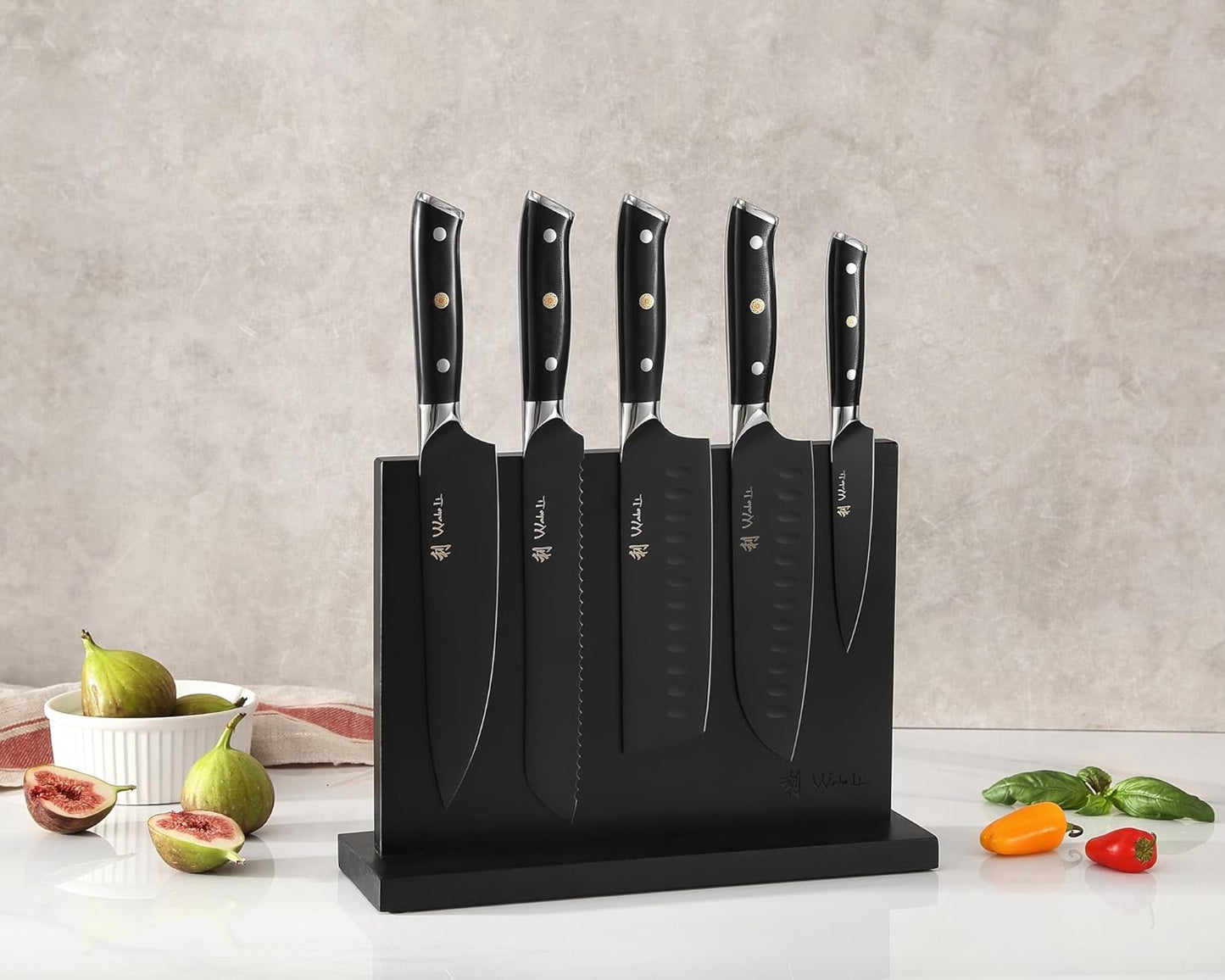 EDIB Magnetic Kitchen Knife Block Set, VG10 Damascus, 3-Piece Knives | Three VG10 Damascus chef knives with 67-layer steel blades, santoku knife set and magnetic knife block, pakkawood handles.