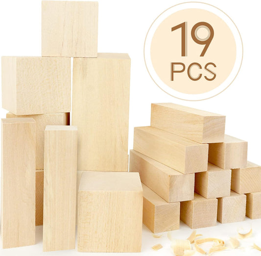 Basswood Carving Blocks, 19PCS Whittling Wood Blocks Kit with 3 Different Sizes, Bass Wood for Carving Easy to Use, for Kids and Adults
