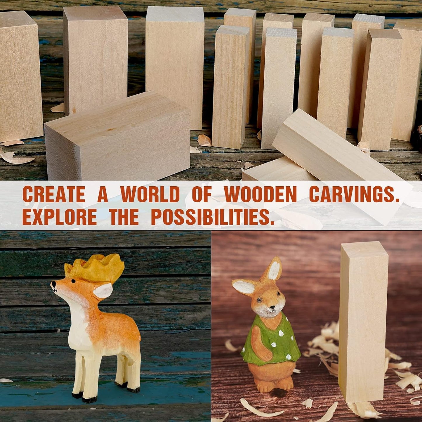 Basswood Carving Blocks, 19PCS Whittling Wood Blocks Kit with 3 Different Sizes, Bass Wood for Carving Easy to Use, for Kids and Adults