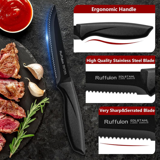 Steak Knife Set of 4,Serrated,4'' Stainless Steel,PP Handle,Black | Kitchen Steak Knives,Dinner Knife Set for Home/Restaurant,High-Carbon Blade,Sharp,Nonstick,Rust-Proof,Durable,Dishwasher Safe