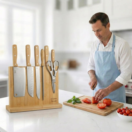 Magnetic Knife Block with 18 COREVA™ Magnetic Plates – Double Sided Bamboo Knife Holder, Engineered Full-Surface Magnetic System for All Knives & Scissors, Countertop Storage Organizer